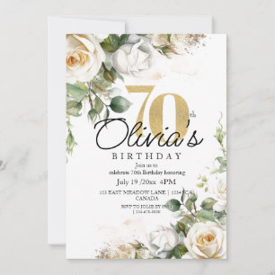 Convite Rosas Brancas Florais Elegantes e Parabéns 70 Dour
