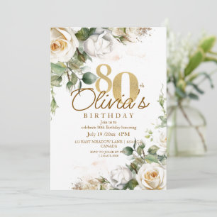 Convite Rosas Brancas Florais Elegantes e Parabéns 80 Dour