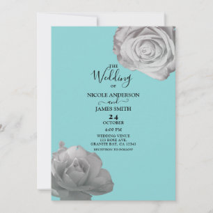 Convite Rosas Brancas Floral Elegante Casamento Azul Turqu
