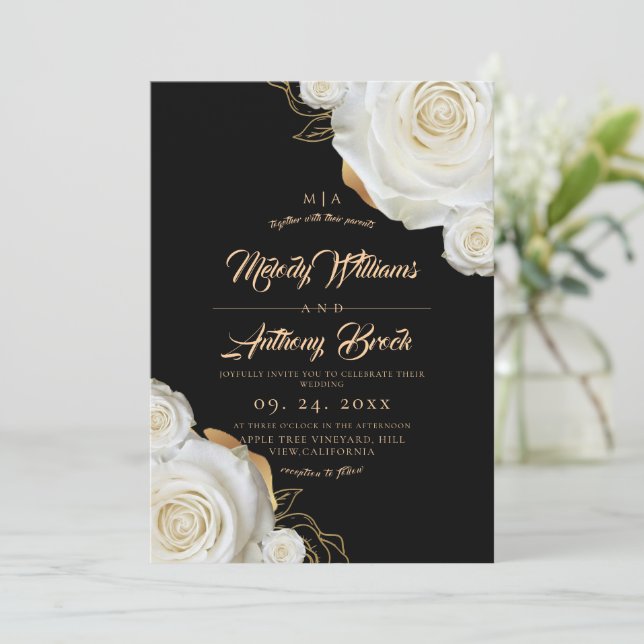 Convite Rosas Brancas Flores Casamento Preto (Em pé/Frente)
