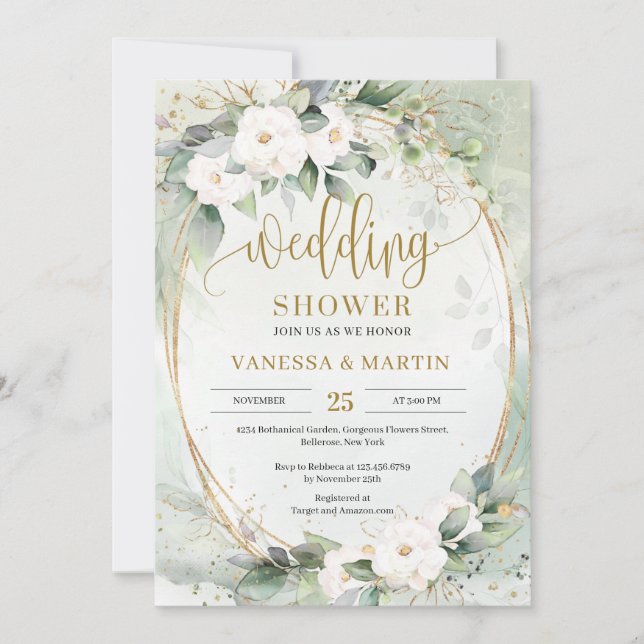 Convite Rosas brancas flores verdes eucalipto-ouro-oval (Frente)