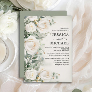 Convite Rosas Brancas Folhagens Casamento Elegante