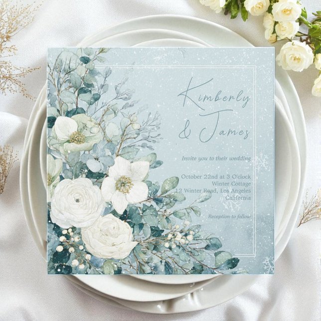 Convite Rosas Brancas Hellebores Eucalipto Prateado Casame (White Roses Hellebores Silver Eucalyptus Wedding Invitation)