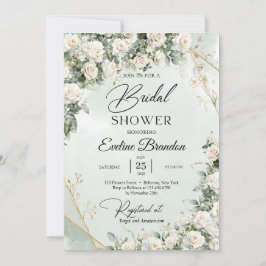 Convite Rosas brancas inglesas eucalipto verde e ouro