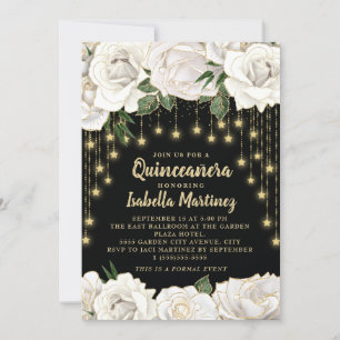 Convite Rosas Brancas Luz de Corda Dourada Estrela Quincea