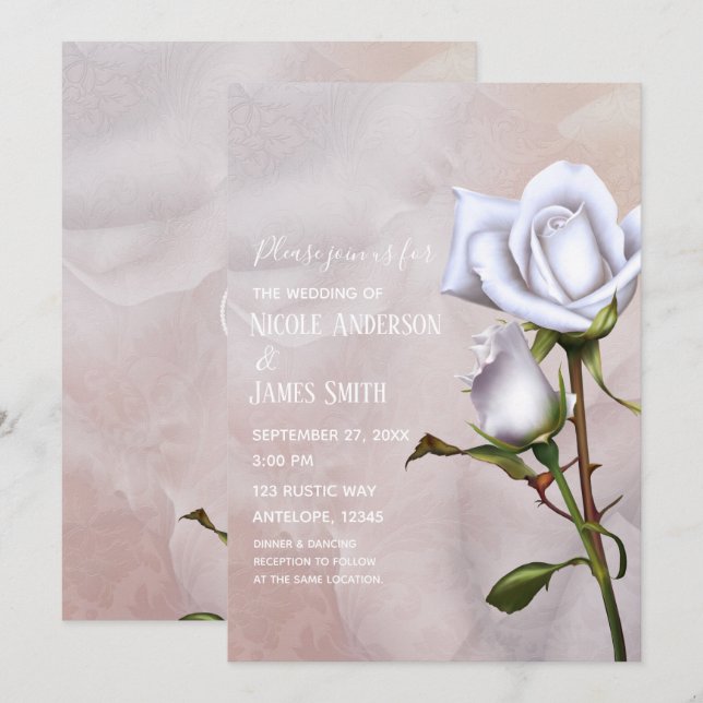 Convite Rosas Brancas Macias Românticas Elegantes Florais  (Frente/Verso)