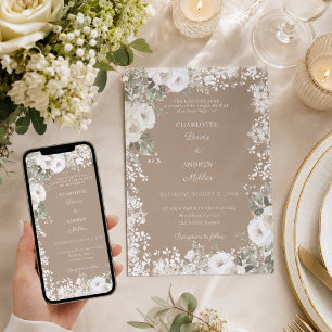 Convite Rosas brancas marfim taupe neve casamento de inver