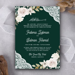 Convite Rosas Brancas Renda Esmeralda Código QR Casamento