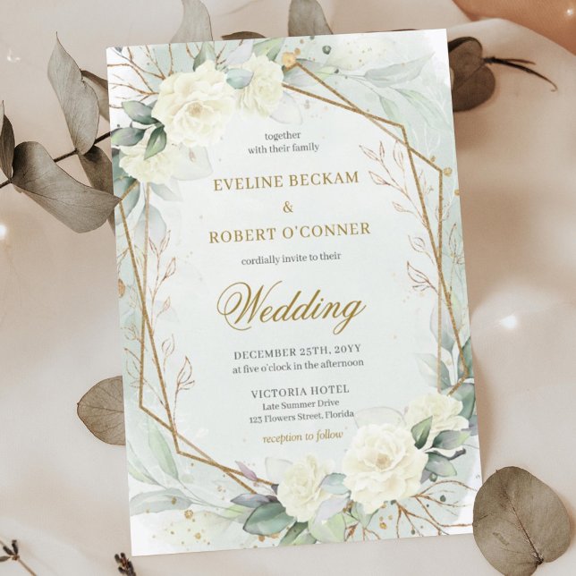 Convite Rosas brancas românticas Eucalyptus Greenerescênci (Whimsical boho white roses and eucalyptus greenery wedding invitation digital)