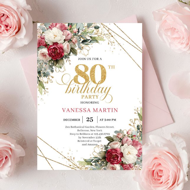 Convite Rosas brancas rosadas com acabamento em dourado el (Blush white roses elegant gold trim 80th birthday invitation

)