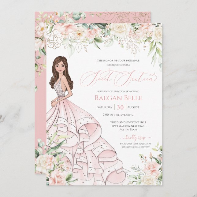 Convite Rosas brancas-rosadas-esbranquiçadas Glam elegante (Frente/Verso)