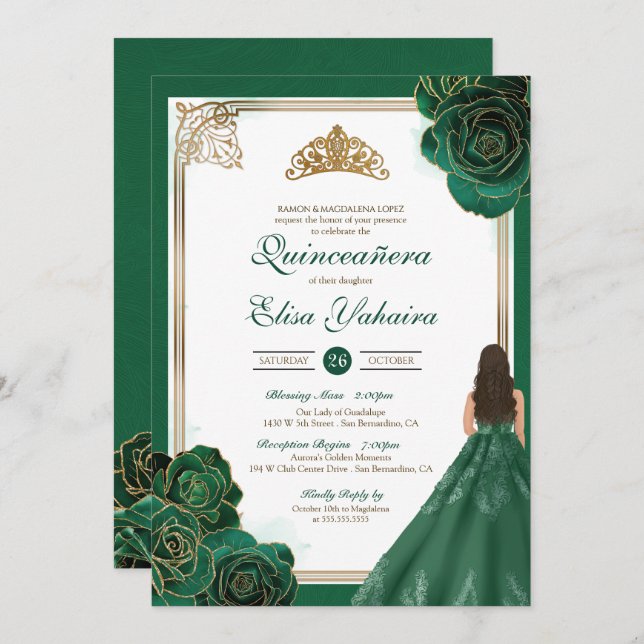 Convite Rosas Brancas Verde Esmeralda em Ouro Quinze Anos  (Frente/Verso)