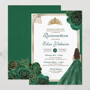 Convite Rosas Brancas Verde Esmeralda em Ouro Quinze Anos 