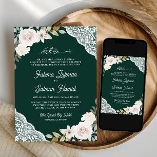 Convite Rosas Brancas Verde Esmeralda Renda Casamento Muçu