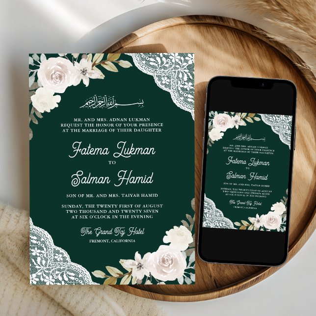 Convite Rosas Brancas Verde Esmeralda Renda Casamento Muçu (Criador carregado)