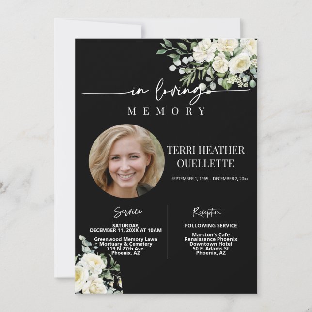 Convite Rosas Brancos Negra Foto do Serviço Memorial Funer (Frente)