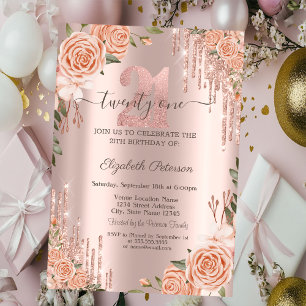Convite Rosas Brilho Gotas Rosa Dourado Aniversário de 21