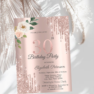 Convite Rosas Brilho Gotas Rosa Dourado Aniversário de 30