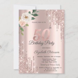 Convite Rosas Brilho Gotas Rosa Dourado Aniversário de 50