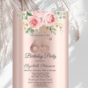 Convite Rosas Brilho Gotas Rosa Dourado Aniversário de 65
