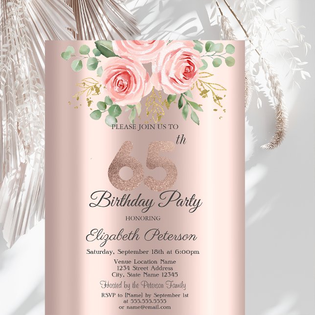 Convite Rosas Brilho Gotas Rosa Dourado Aniversário de 65  (Criador carregado)
