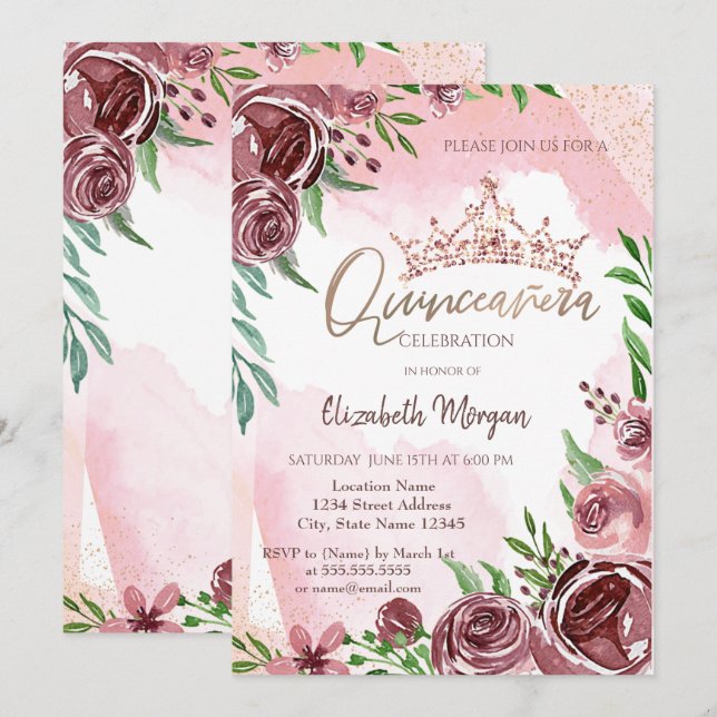 Convite Rosas Burgundy Coroa Quinceañera (Frente/Verso)