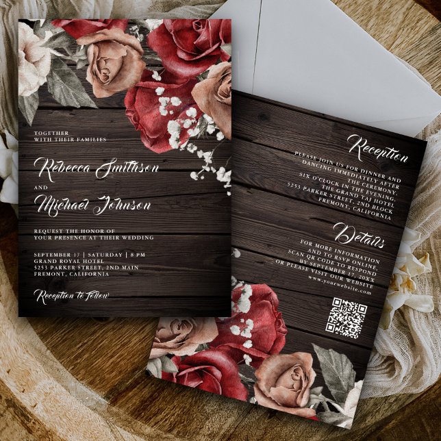 Convite Rosas Burgundy de Madeira Rústica Código QR Casame (Criador carregado)