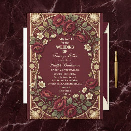 Convite Rosas Burgundy Douradas Art Nouveau Elegante Casam