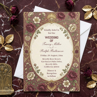 Convite Rosas Burgundy Douradas Belle Epoque Casamento Clá