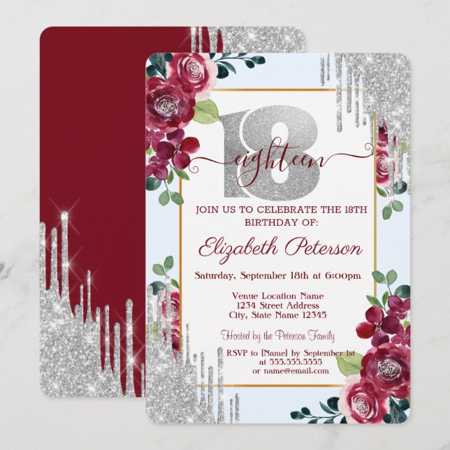 Convite Rosas Burgundy Elegantes com Gotas de Brilho (Frente/Verso)