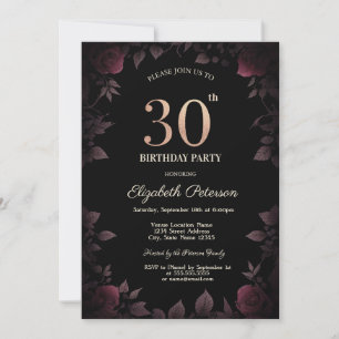 Convite Rosas Burgundy Escuras Elegantes Aniversário de 30