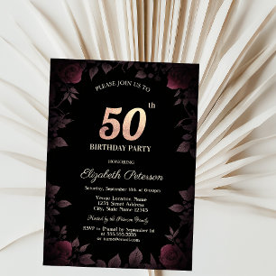 Convite Rosas Burgundy Escuras Elegantes Aniversário de 50