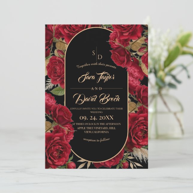 Convite Rosas Burgundy Floral Moderno Boho Casamento (Em pé/Frente)