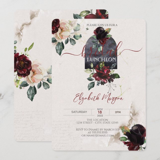 Convite Rosas Burgundy Flores Almoço Bridal  (Frente/Verso)