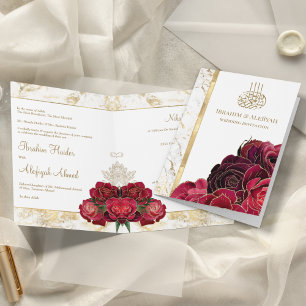 Convite Rosas Burgundy Mármore Dourado Casamento Islâmico 