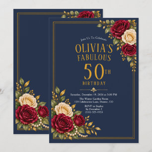 Convite Rosas Burgundy Navy Flores Douradas Aniversário de