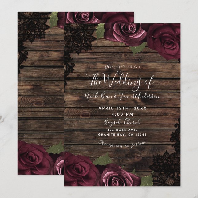 Convite Rosas Burgundy Rustic Madeira Renda Preta Casament (Frente/Verso)