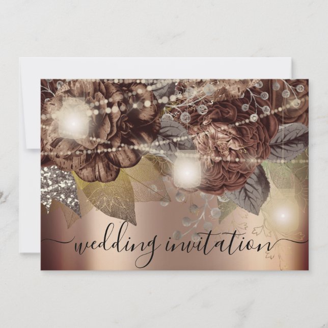 Convite Rosas Castanhos Dourados Rosa de Casamento Bridal  (Frente)