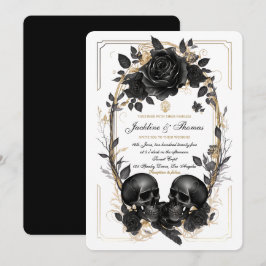 Convite Rosas Caveira Preto Branco Dourado Casamento Gótic