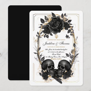 Convite Rosas Caveira Preto Branco Dourado Casamento Gótic