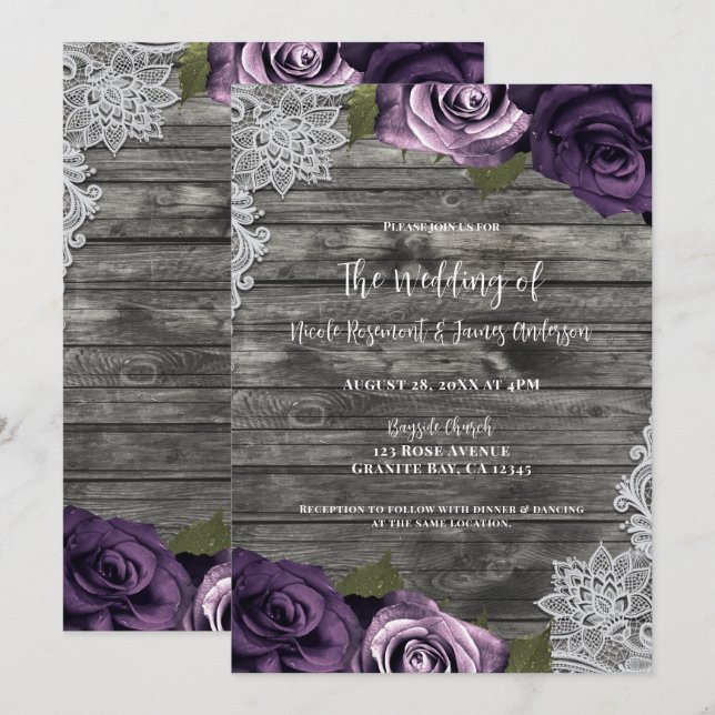 Convite Rosas Cinza Deep Purple Branco Renda Casamento Rús (Frente/Verso)