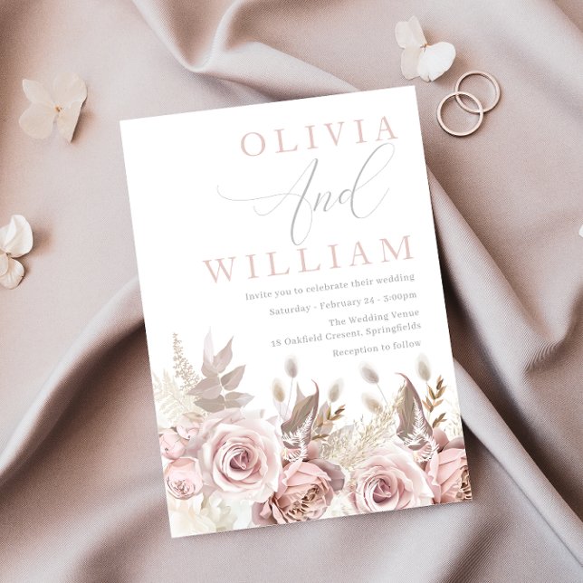 Convite Rosas Cinzentos Rosa Beliscada Casamento Floral (Criador carregado)