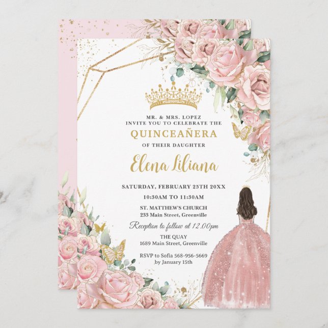 Convite Rosas claro Pálidas Rosas Florais Quinceanera Swee (Frente/Verso)