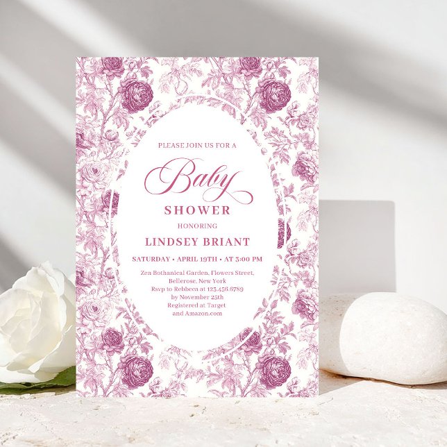 Convite Rosas Clássicas Rosa e Branca Toile Churrasco de B (Classic Pink and White Roses Toile Baby Shower Invite)