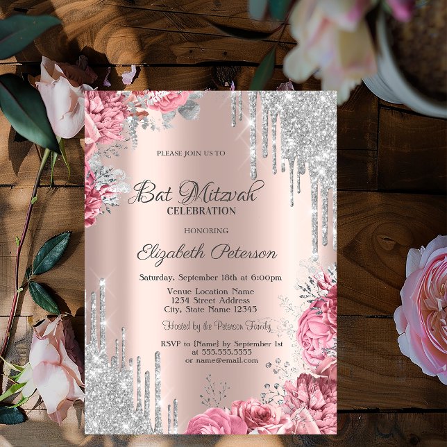 Convite Rosas com Brilho Prateado Pingando Rosa Dourado Ba (Criador carregado)