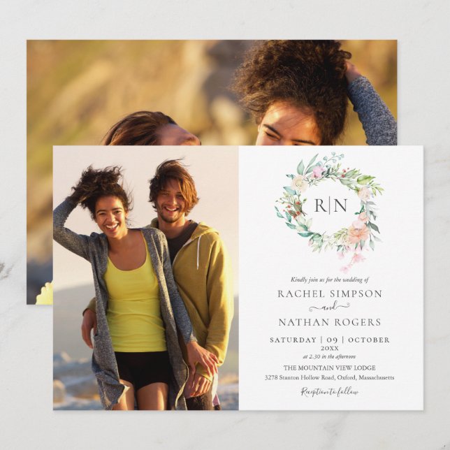 Convite Rosas com folhagens Monograma Floral Casamento com (Frente/Verso)