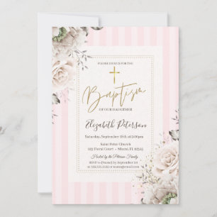 Convite Rosas com Listras Rosa Cruz de Ouro Batismo