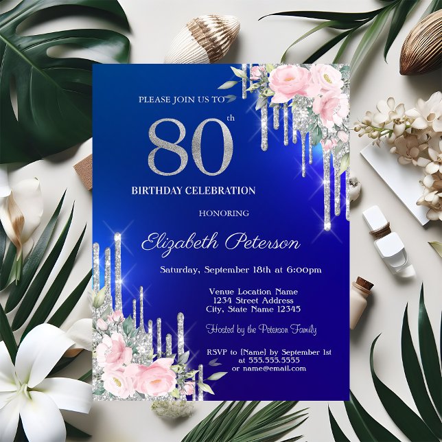Convite Rosas com Pingos de Brilho Prateado 80º Aniversári (Criador carregado)