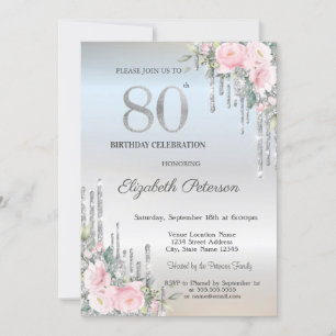 Convite Rosas com Pingos de Brilho Prateados Elegantes par