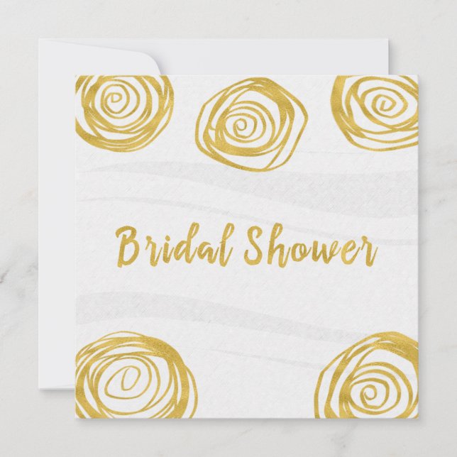 Convite Rosas com Redemoinho Branco e Dourado Chá de Noiva (Frente)